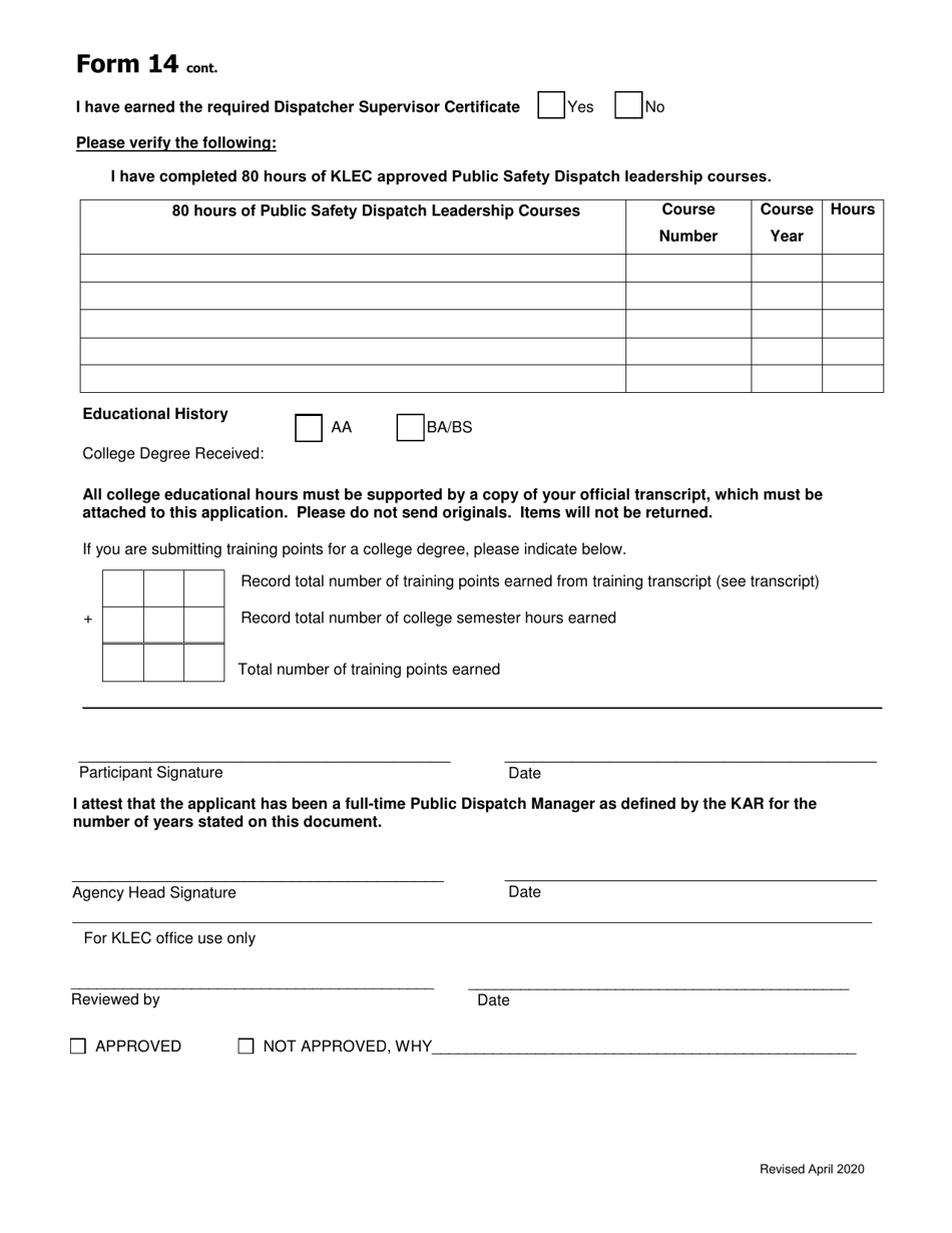 Form 14 Public Safety Dispatcher Manager / Director - Kentucky, Page 2