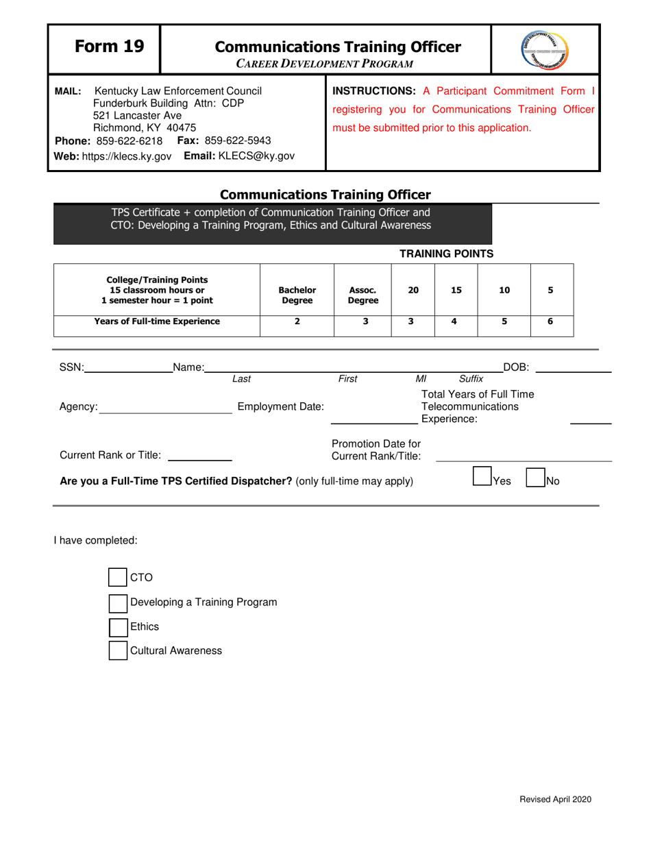 Form 19 Communications Training Officer - Kentucky, Page 1