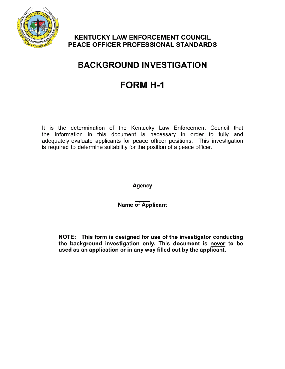 Form H-1 Background Investigation Form - Kentucky, Page 1