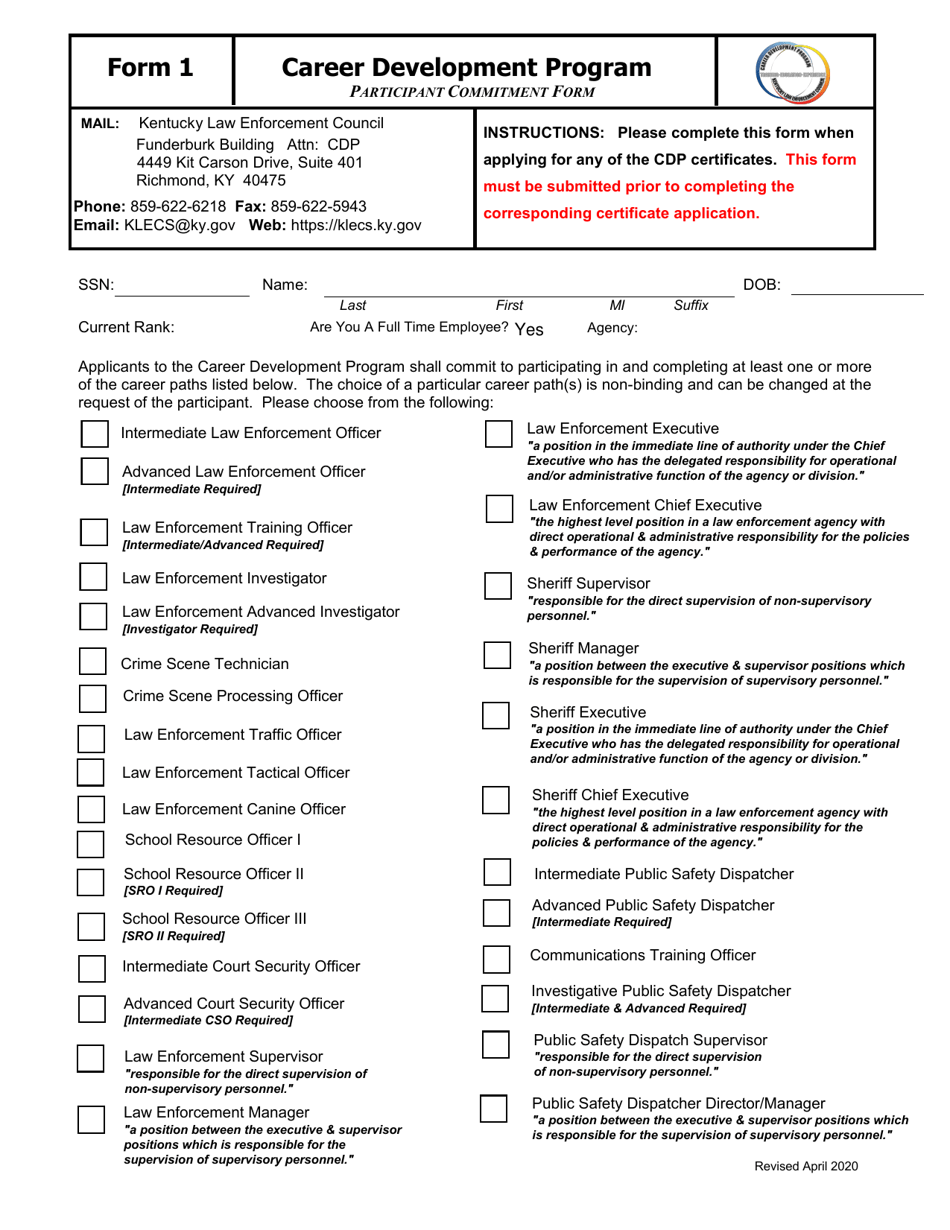 Form 1 Participant Commitment Form - Kentucky, Page 1