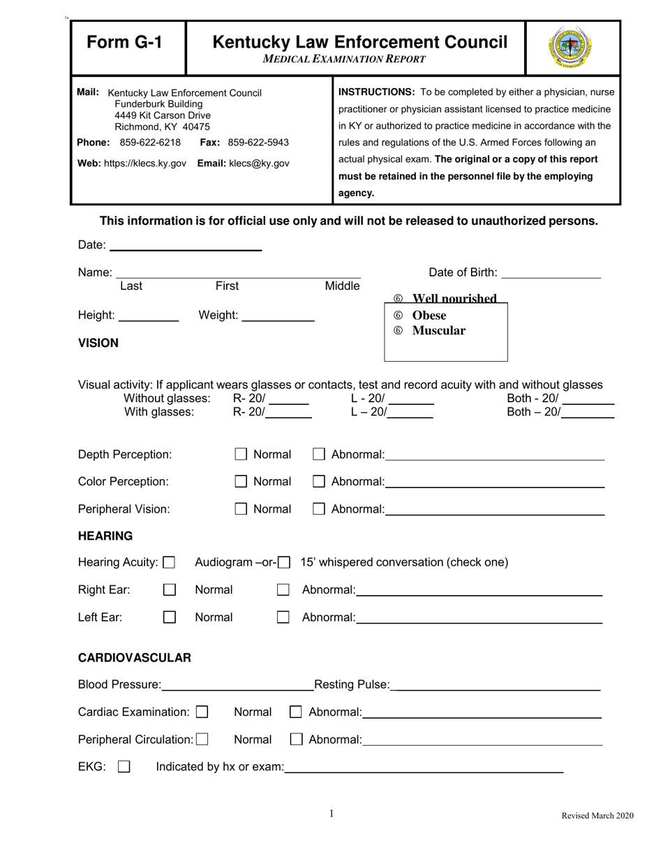 Form G-1 Medical Examination Report - Kentucky, Page 1