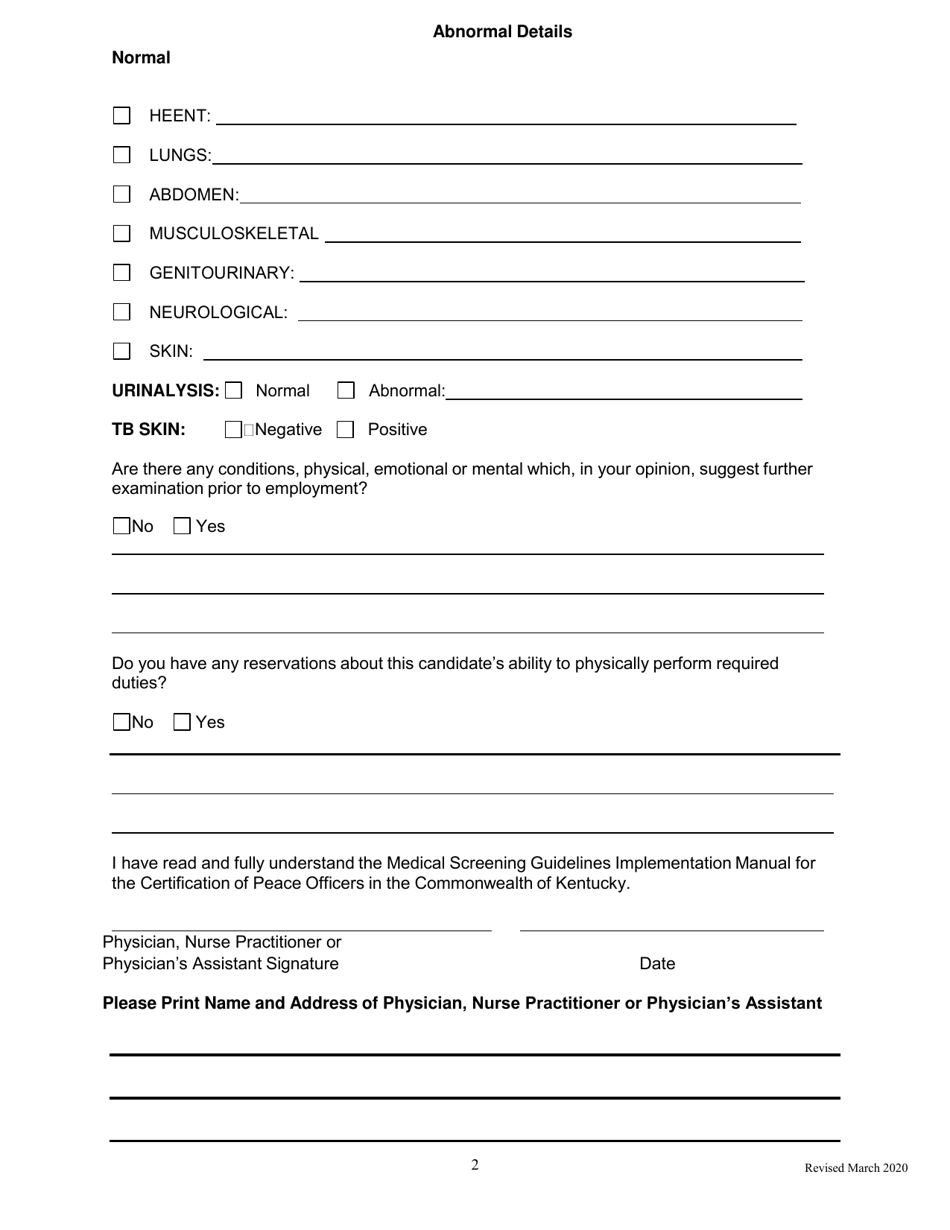 Form G-1 Medical Examination Report - Kentucky, Page 2