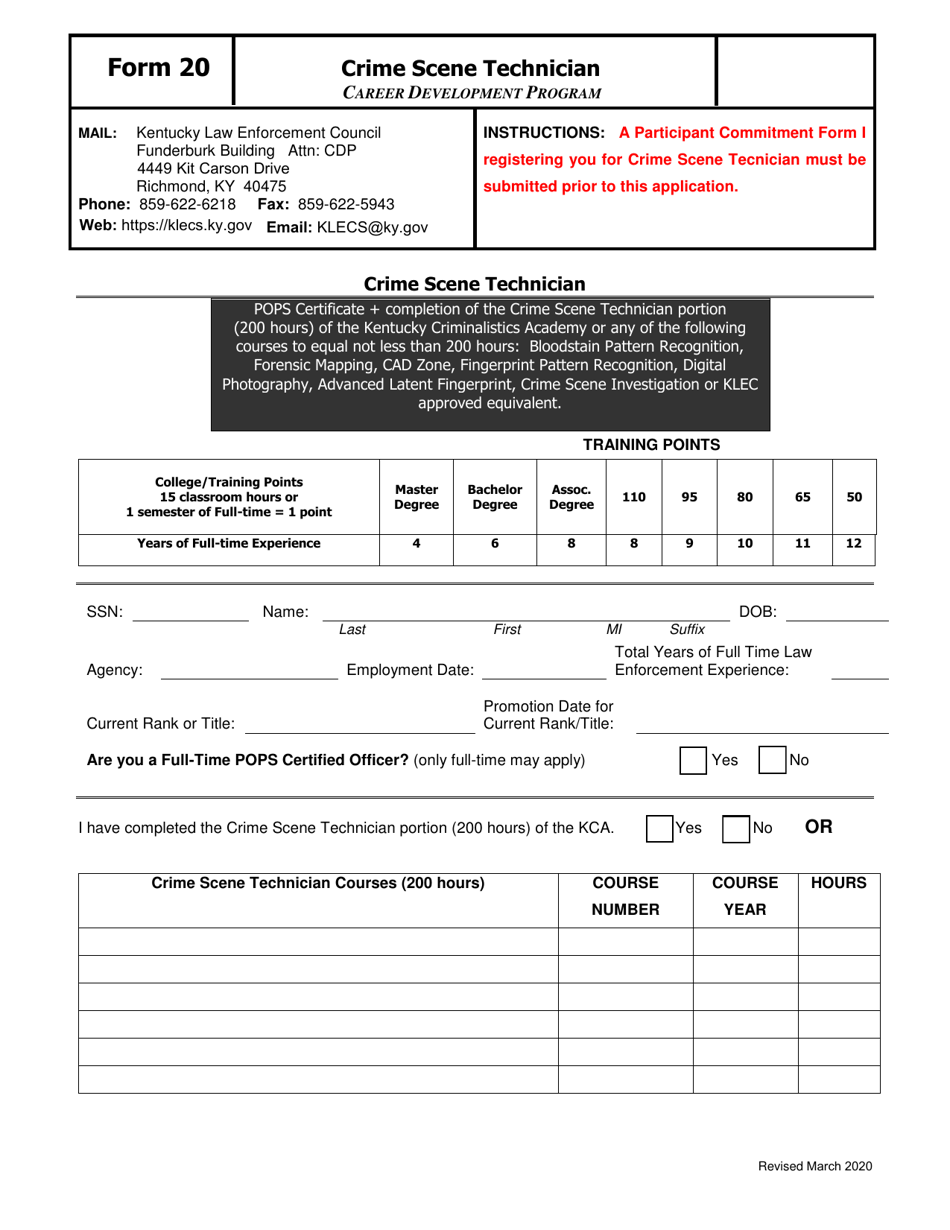 Form 20 Crime Scene Technician - Kentucky, Page 1