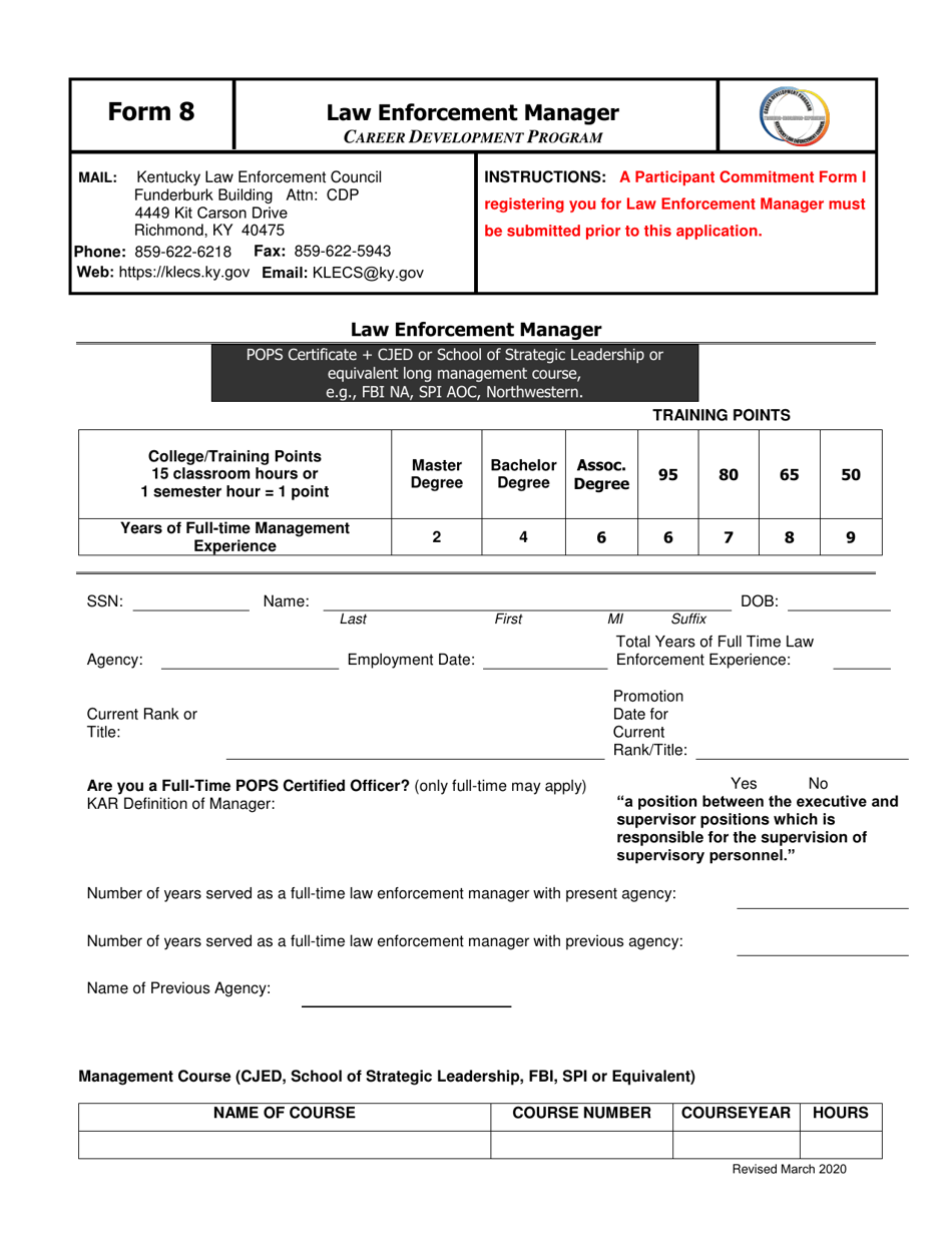 Form 8 Law Enforcement Manager - Kentucky, Page 1
