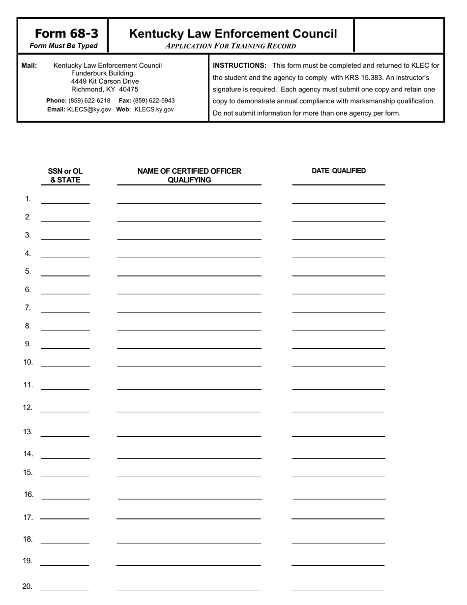 Form 68-3 Application for Training Record - Multiple Pages - Kentucky, Page 1