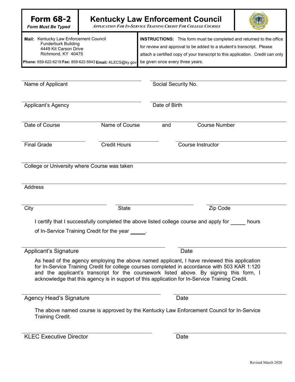 Form 68-2 Application for In-Service Training Credit for College Courses - Kentucky, Page 1