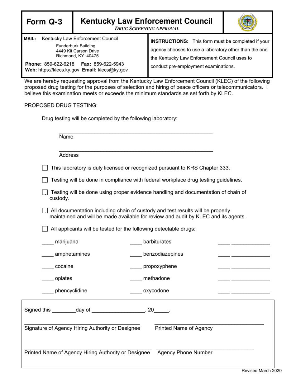 Form Q-3 Drug Screening Approval - Kentucky, Page 1