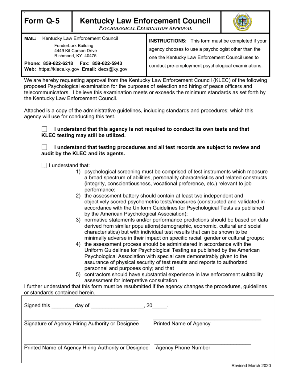 Form Q-5 Psychological Examination Approval - Kentucky, Page 1