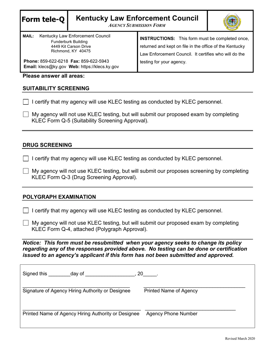 Form TELE-Q Agency Submission Form - Kentucky, Page 1