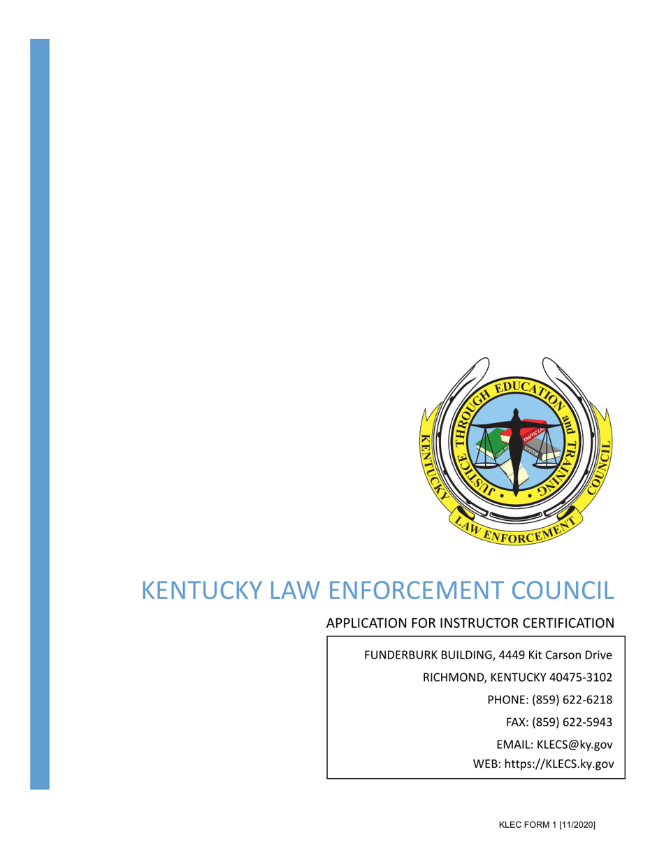 KLEC Form 1 Original Instructor Certification Application - Kentucky, Page 1