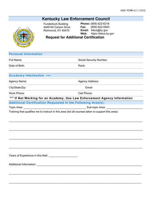 KLEC Form 6 Request for Additional Certification - Kentucky