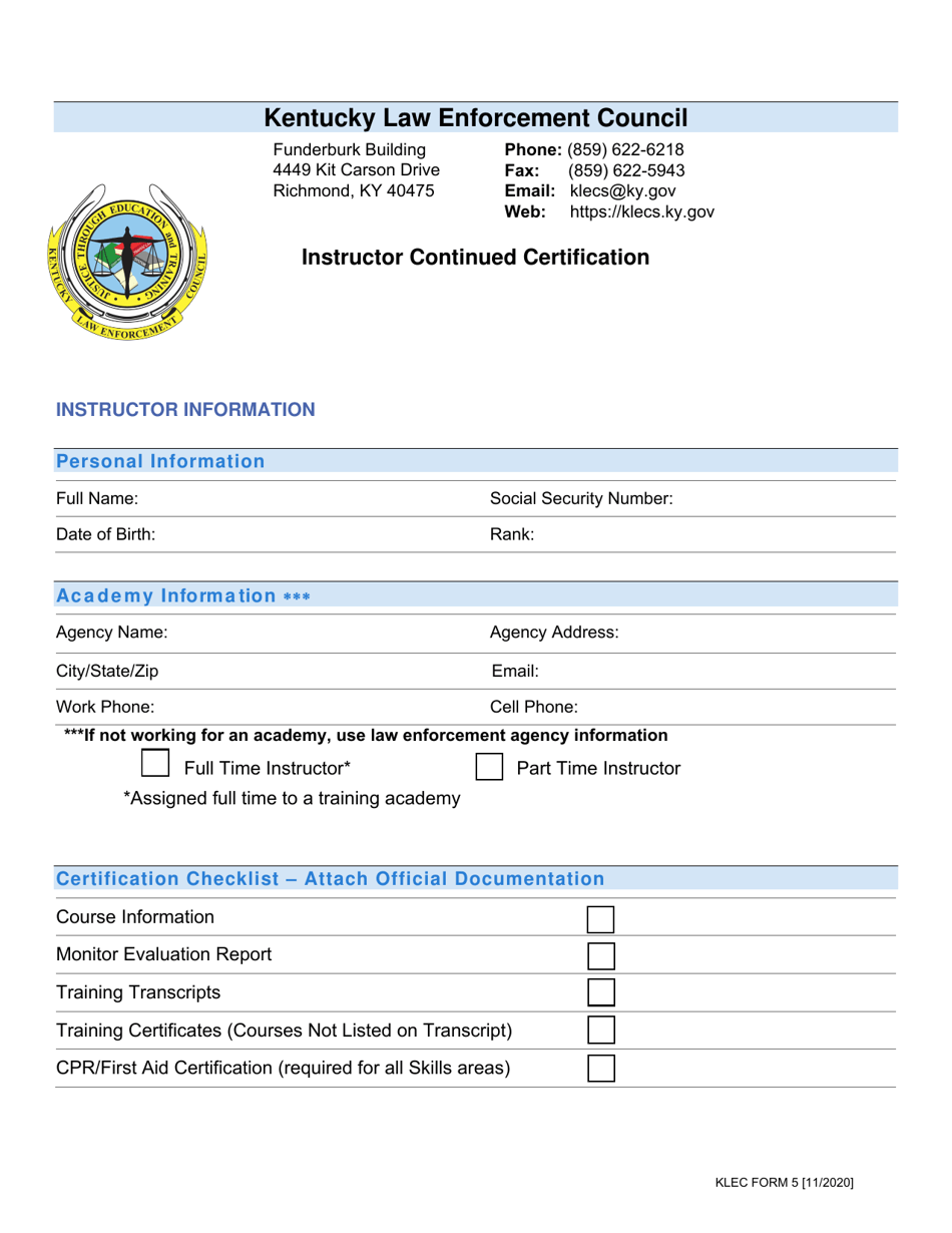 KLEC Form 5 Instructor Continued Certification - Kentucky, Page 1