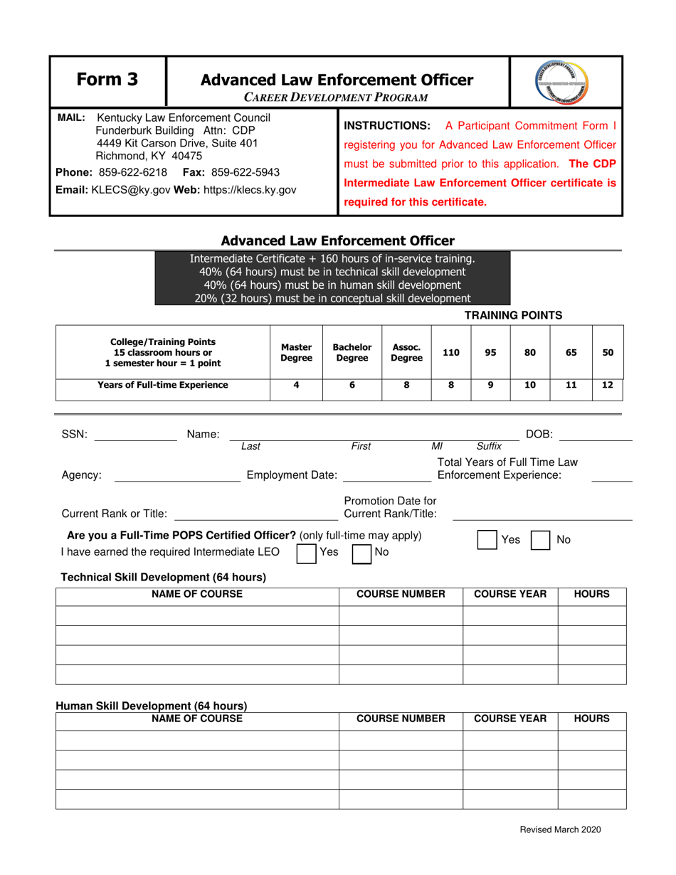 Form 3 Advanced Law Enforcement Officer - Kentucky, Page 1