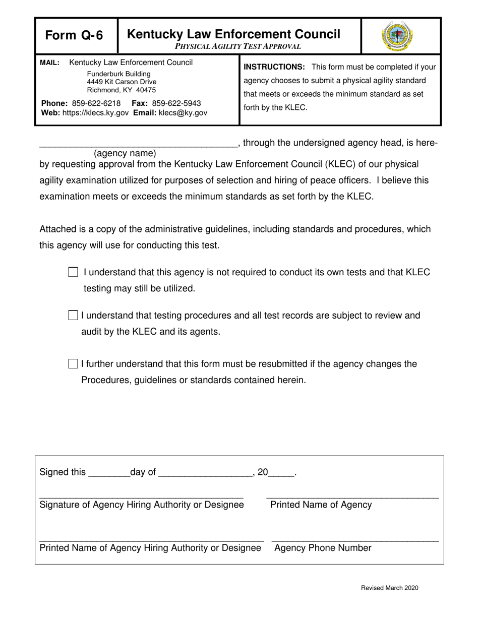 Form Q-6 Physical Agility Test Approval - Kentucky, Page 1