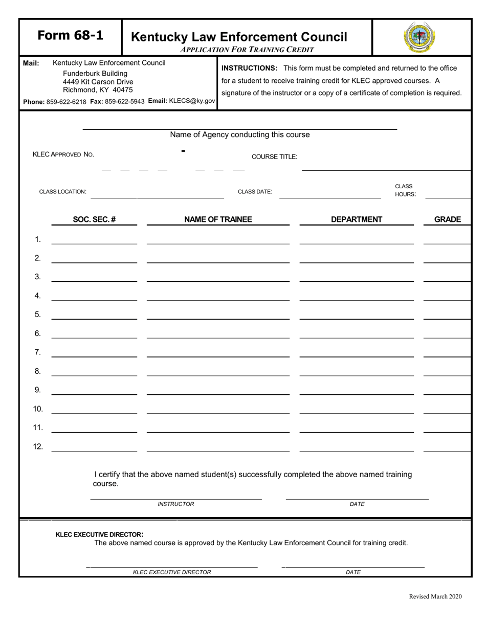 KLEC Form 68-1 Application for Training Credit - Kentucky, Page 1