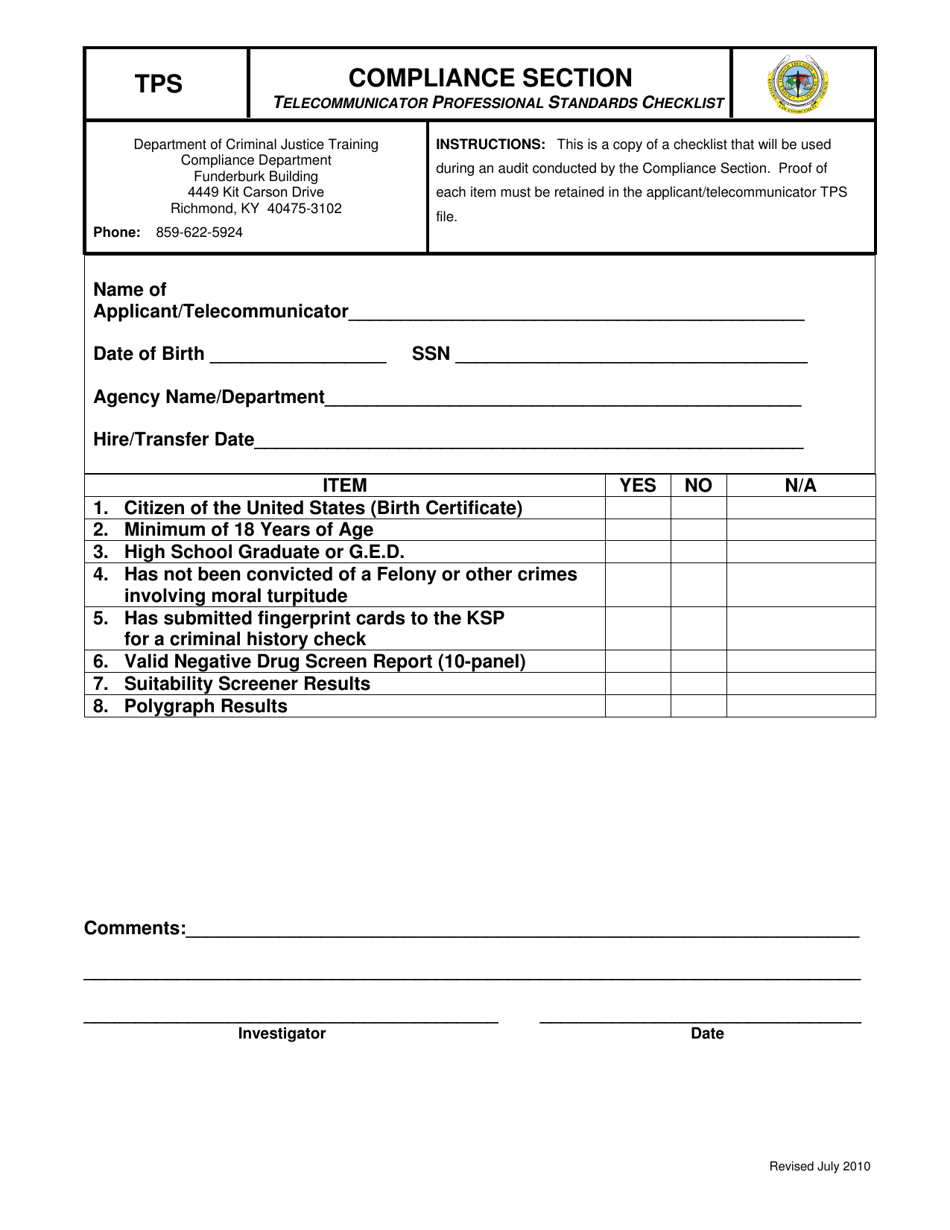 Form TPS Telecommunicator Professional Standards Checklist - Kentucky, Page 1