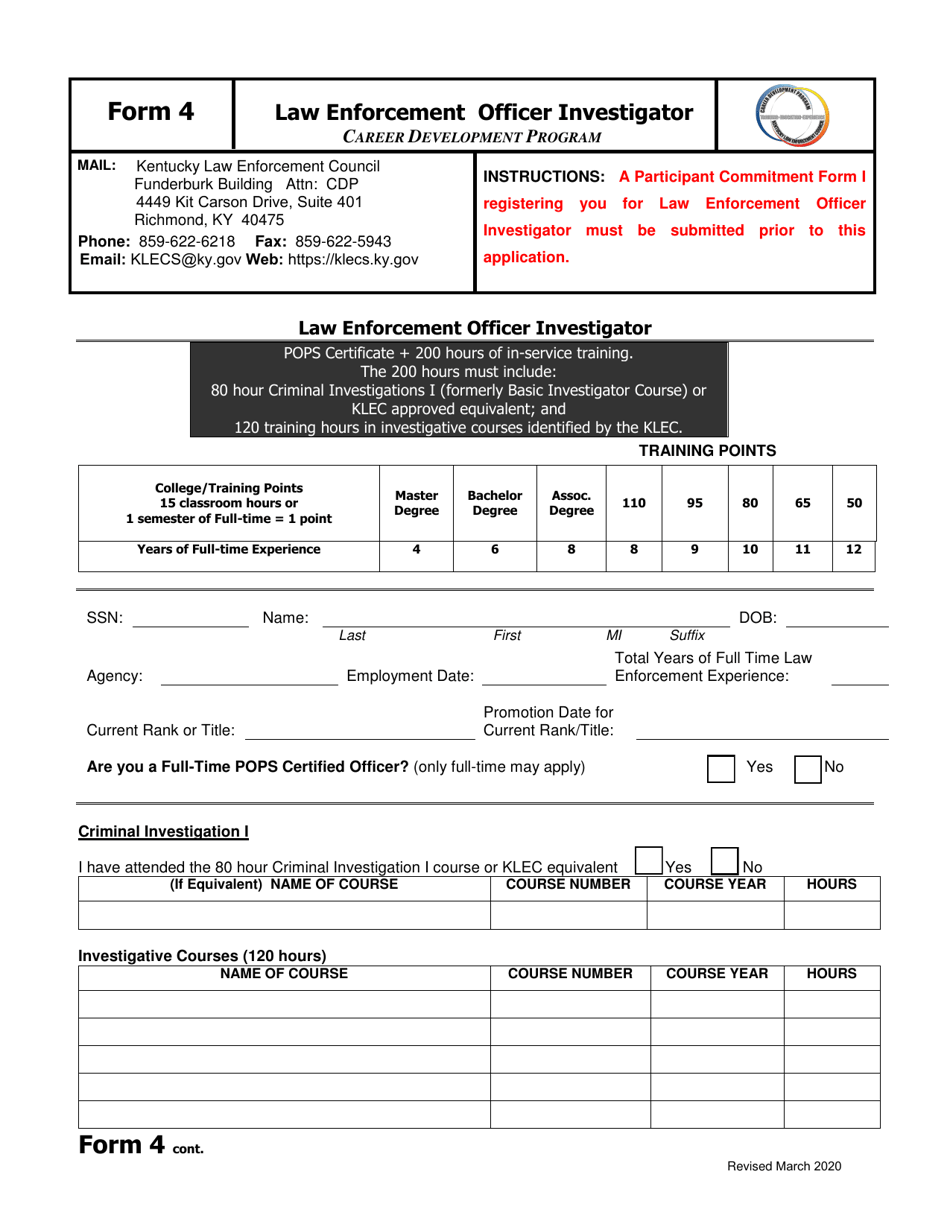Form 4 Law Enforcement Officer Investigator - Kentucky, Page 1