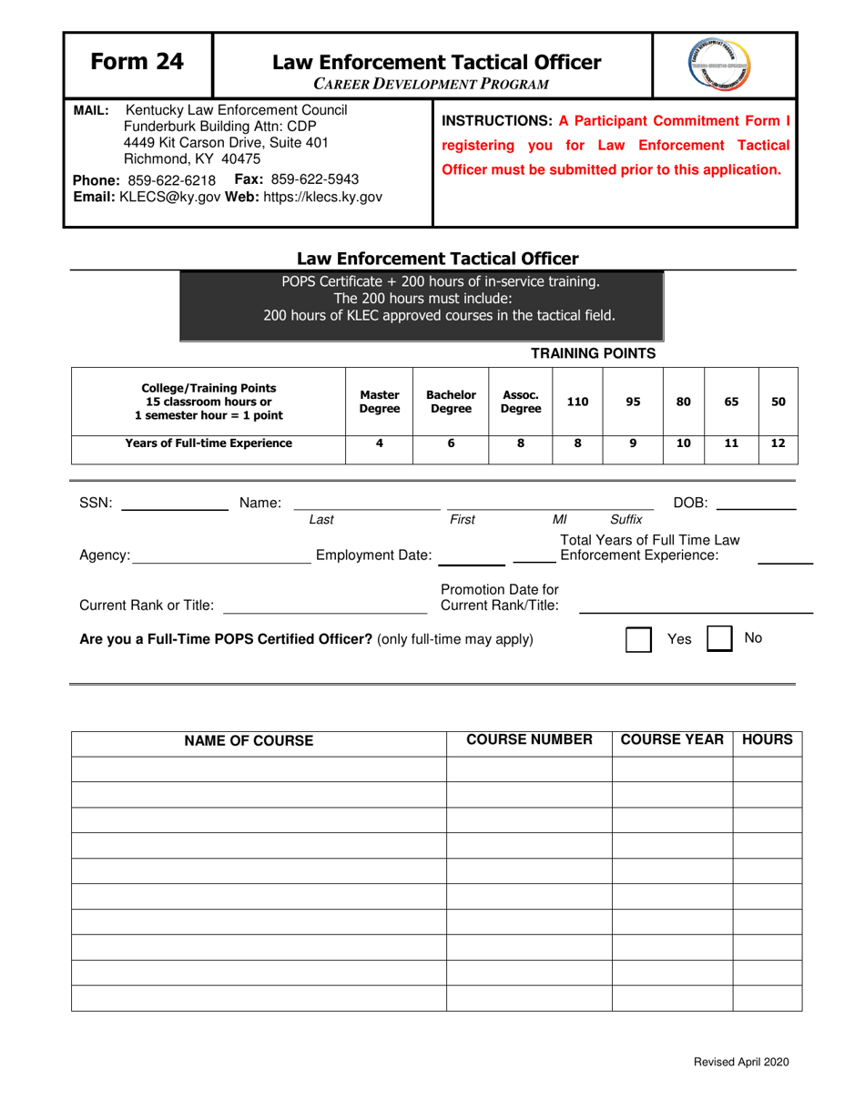Form 24 Law Enforcement Tactical Officer - Kentucky, Page 1