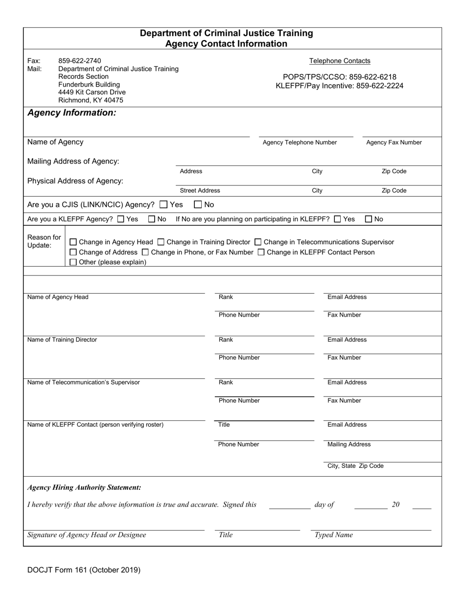 DOCJT Form 161 Agency Contact Information - Kentucky, Page 1