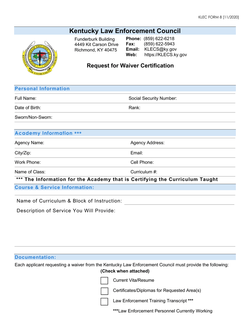 KLEC Form 8 Request for Waiver Certification - Kentucky, Page 1