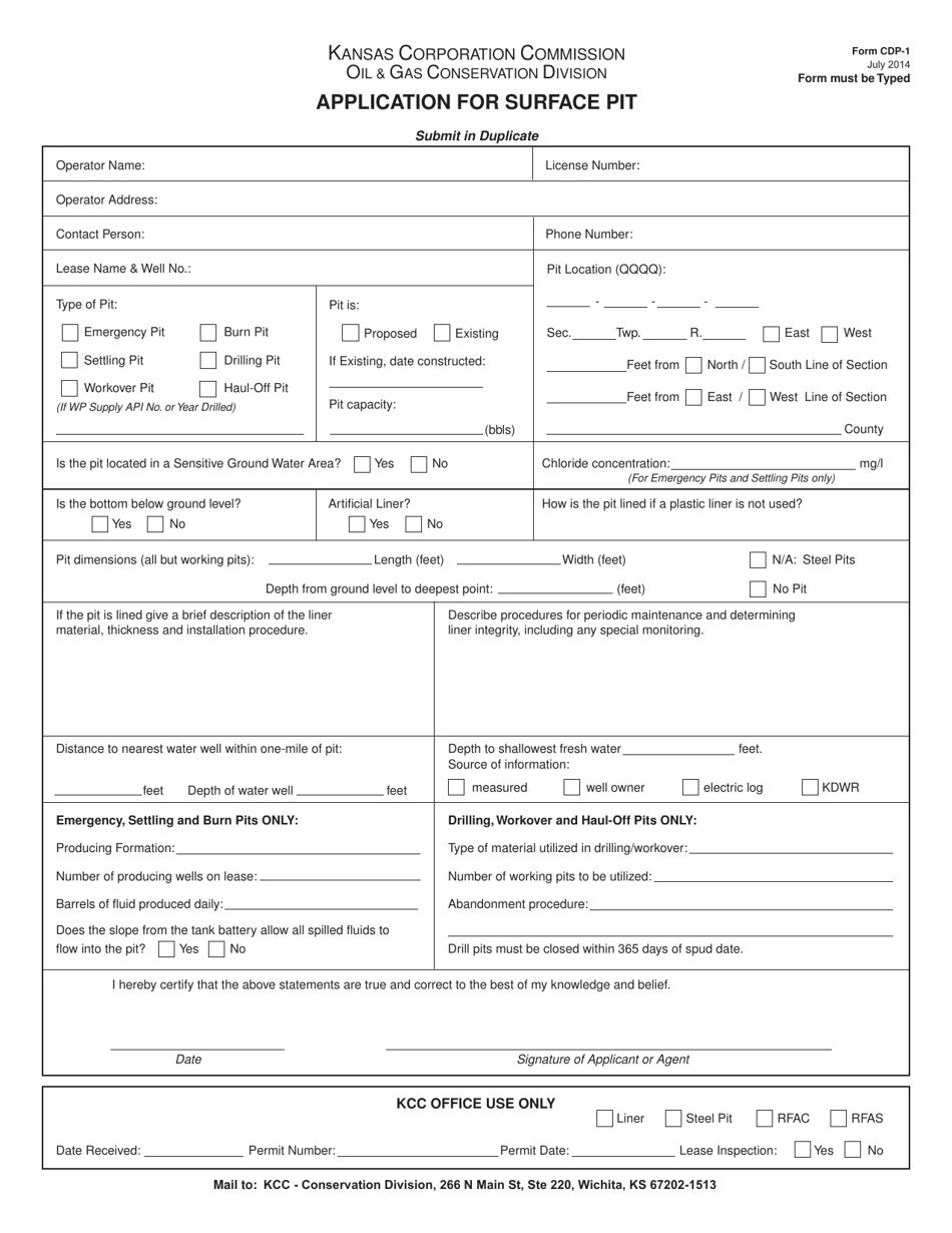 Form CDP-1 Application for Surface Pit - Kansas, Page 1