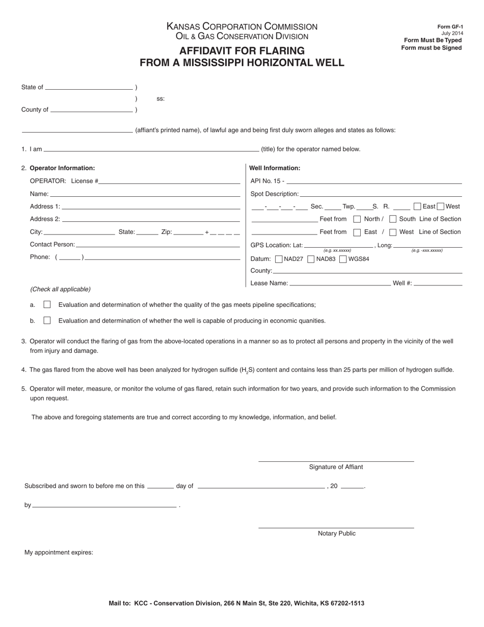 Form GF-1 Affidavit for Flaring From a Mississippi Horizontal Well - Kansas, Page 1