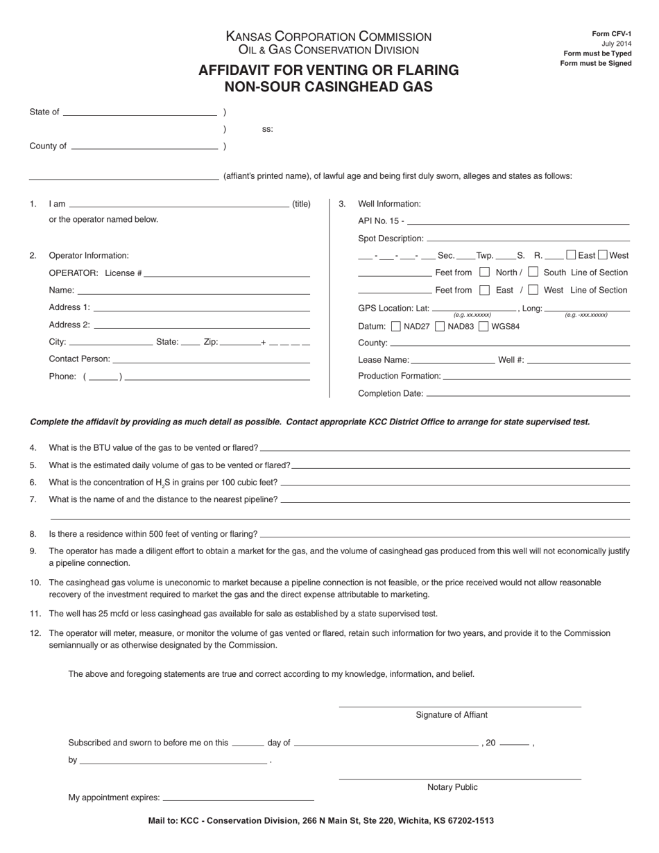 Form CFV-1 Affidavit for Venting or Flaring Non-sour Casinghead Gas - Kansas, Page 1