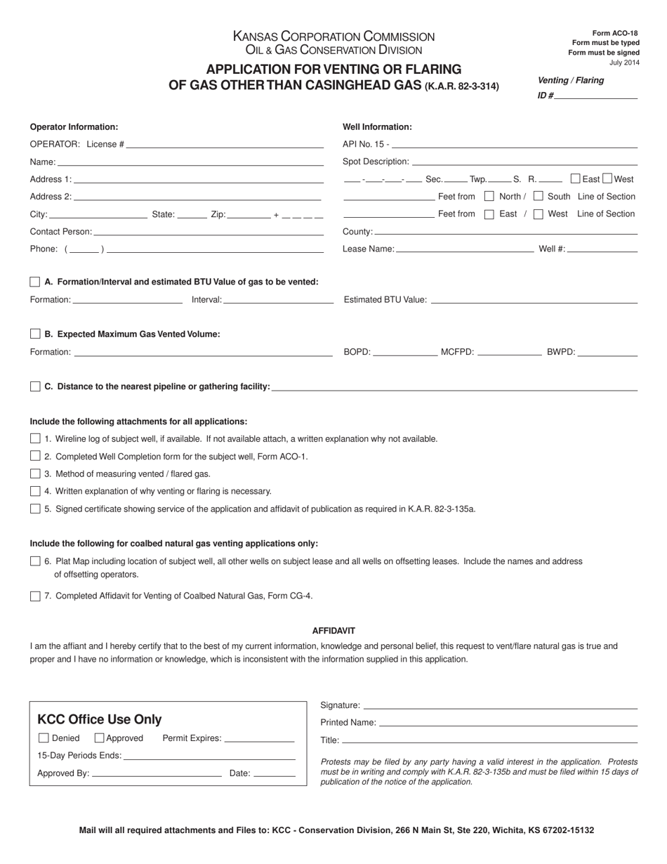 Form ACO-18 Application for Venting or Flaring of Gas Other Than Casinghead Gas - Kansas, Page 1