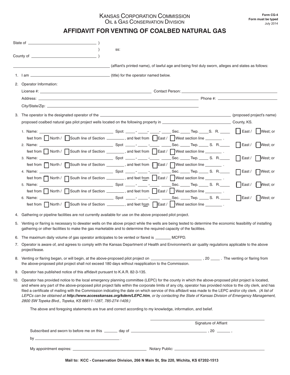 Form CG-4 Affidavit for Venting of Coalbed Natural Gas - Kansas, Page 1