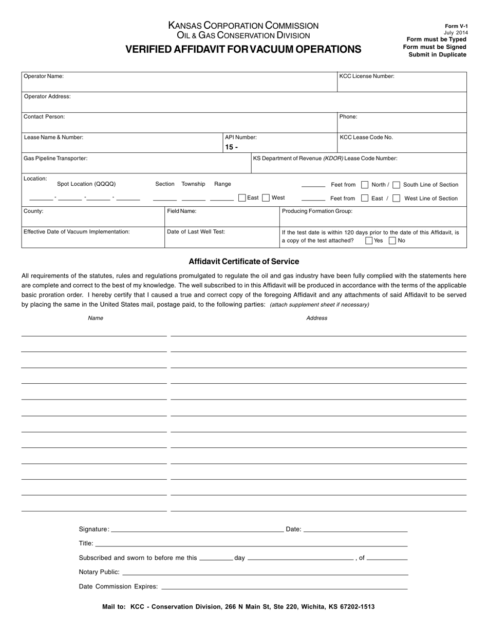 Form V-1 Verified Affidavit for Vacuum Operations - Kansas, Page 1