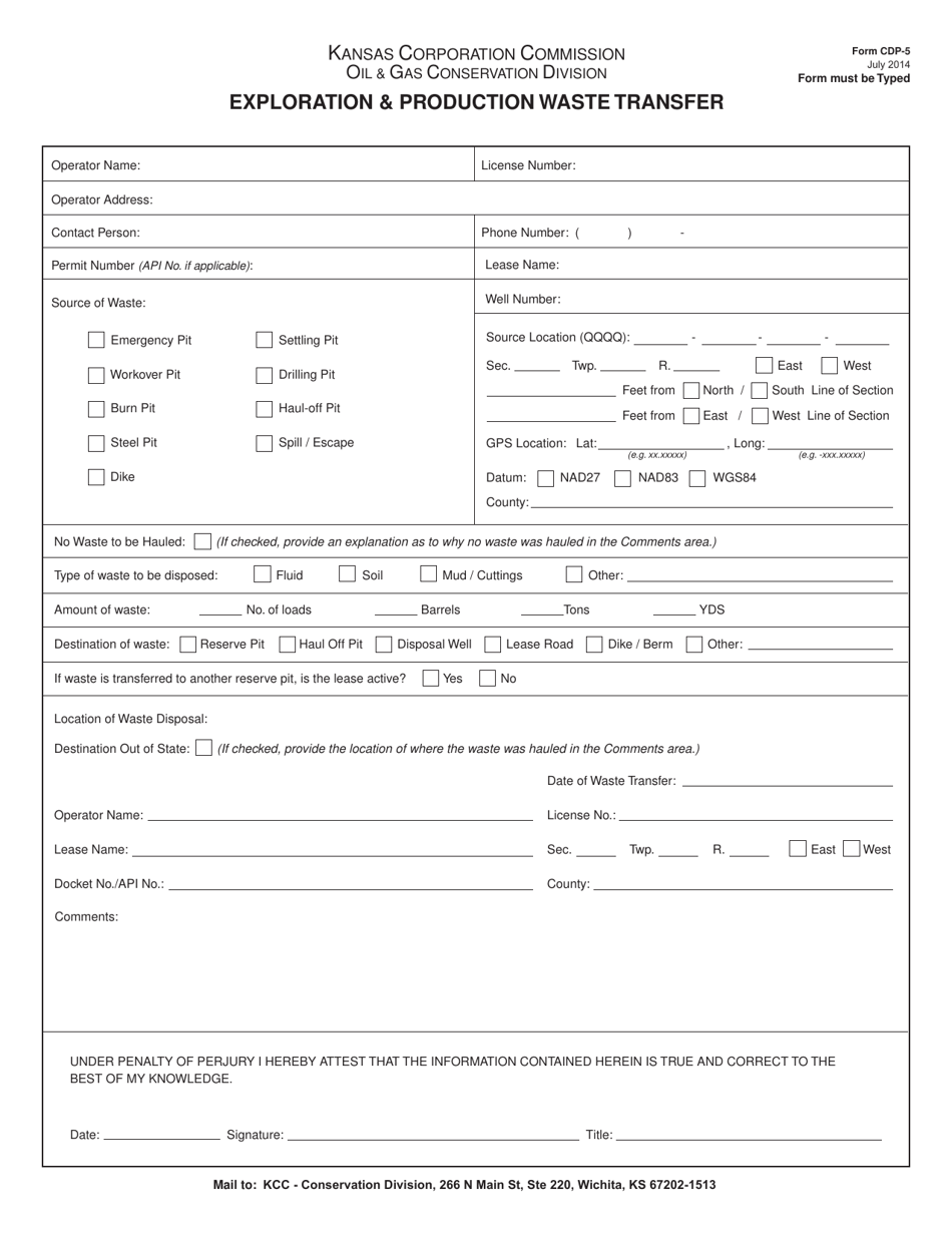 Form CDP-5 Exploration  Production Waste Transfer - Kansas, Page 1