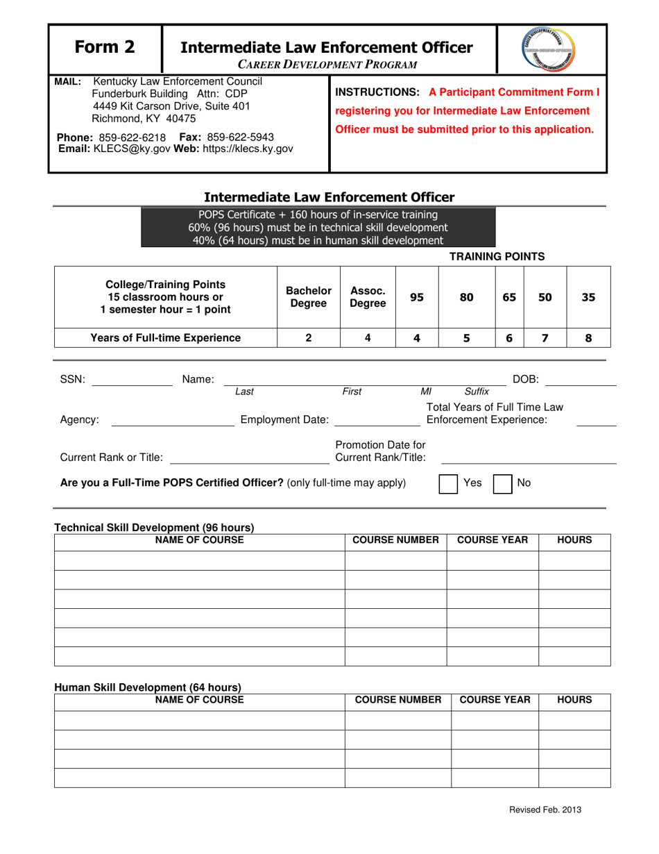 Form 2 Intermediate Law Enforcement Officer - Kentucky, Page 1