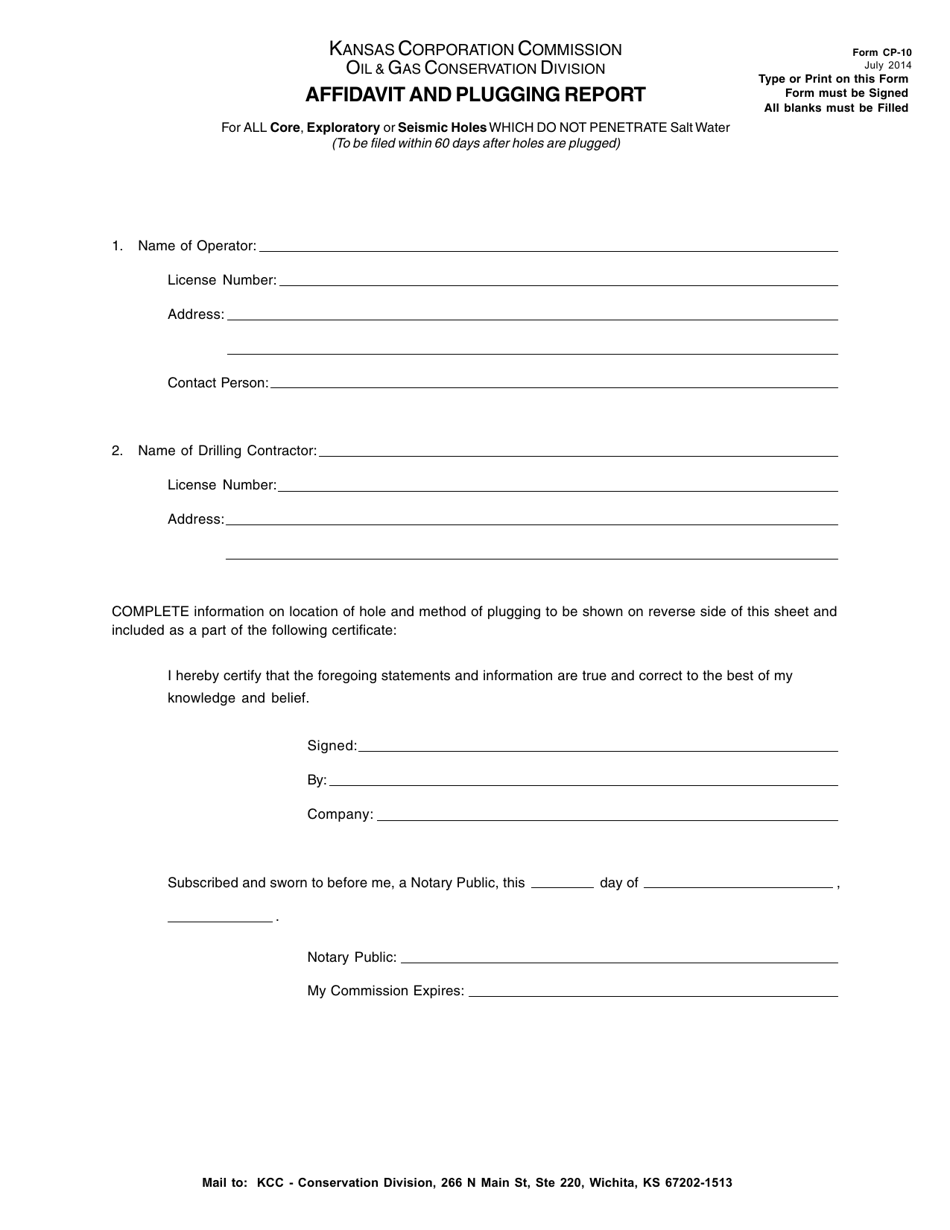 Form CP-10 Affidavit and Plugging Report - Kansas, Page 1