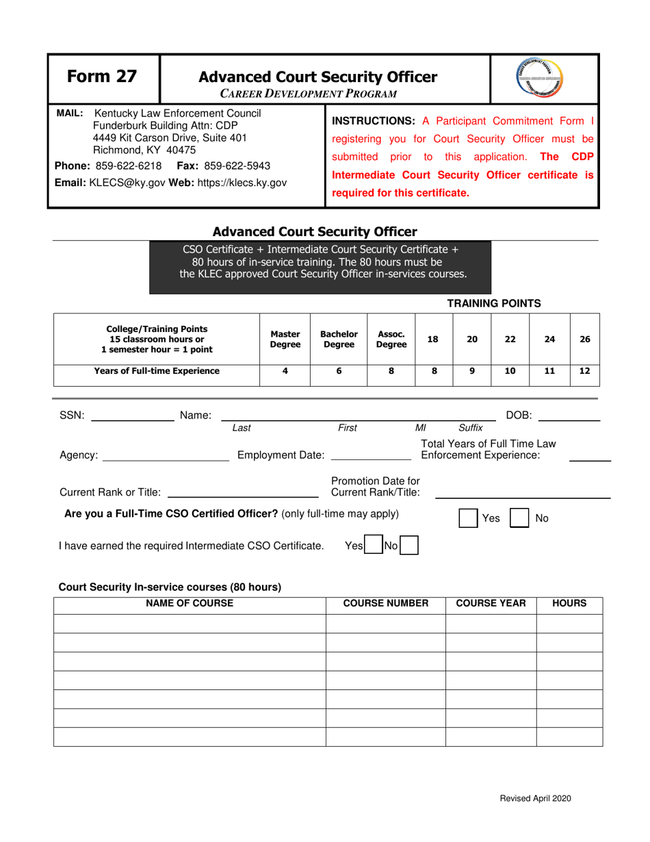 Form 27 Advanced Court Security Officer - Kentucky, Page 1