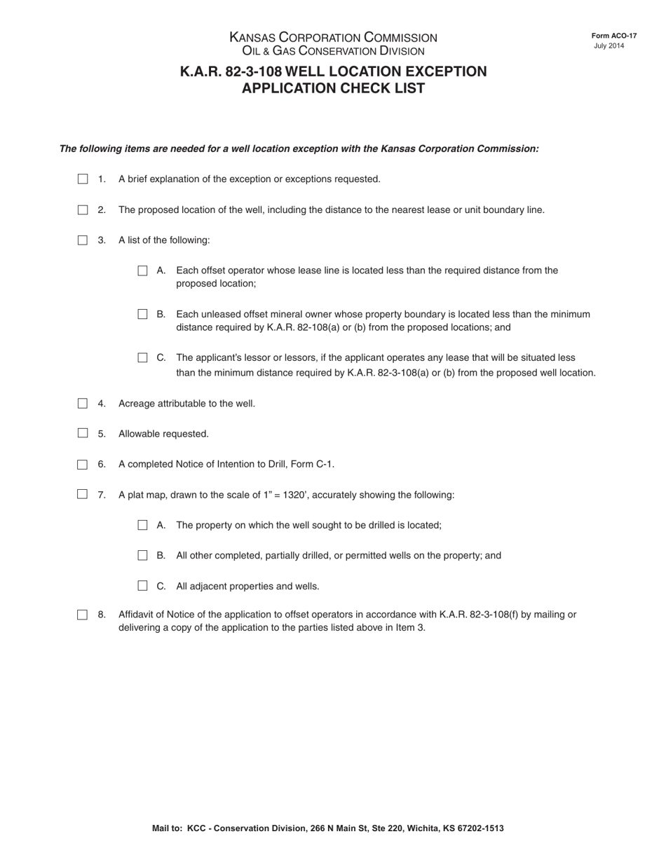 Form ACO-17 Well Location Exception Application Check List - Kansas, Page 1