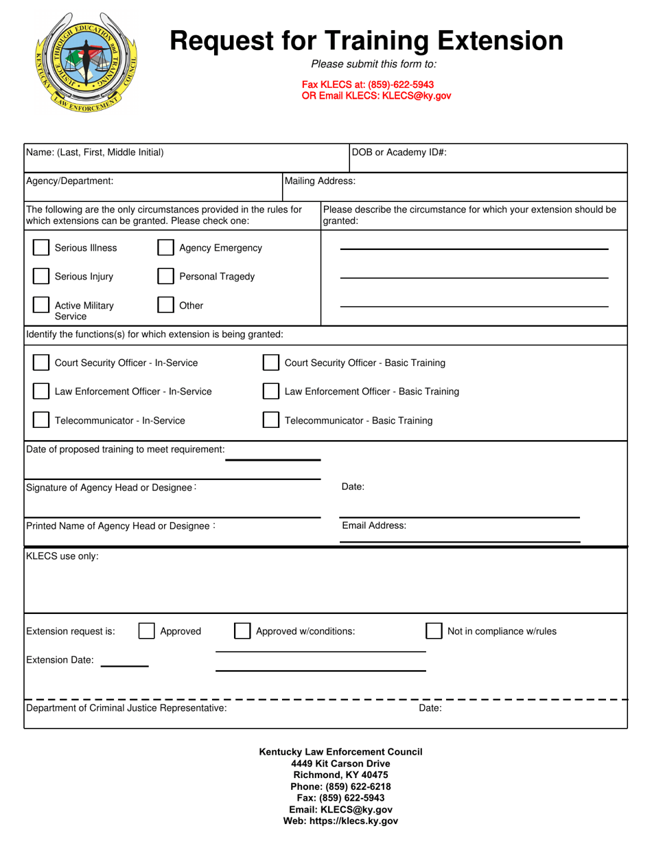 Kentucky Request for Training Extension Fill Out, Sign Online and