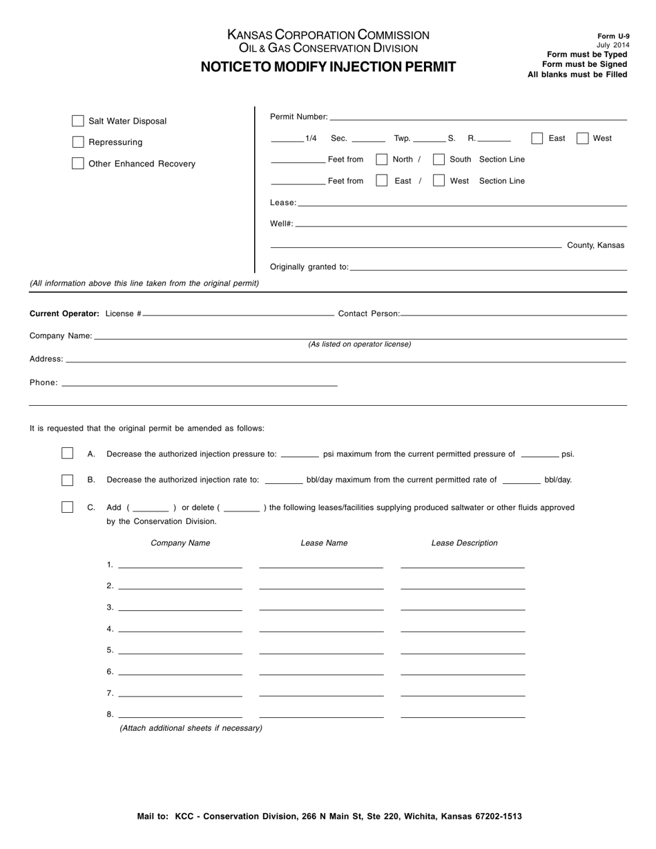 Form U-9 Notice to Modify Injection Permit - Kansas, Page 1
