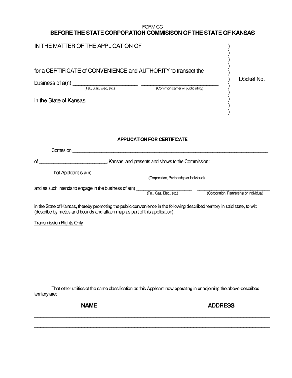 Form CC Application for Certificate - Kansas, Page 1