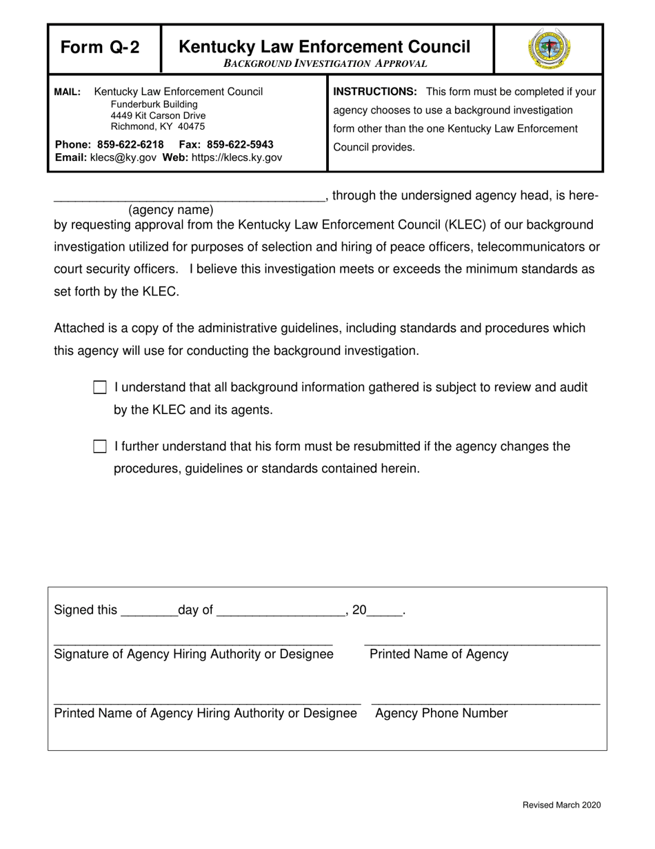 Form Q-2 Background Investigation Approval - Kentucky, Page 1