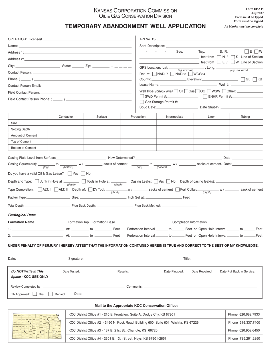 Form CP-111 Temporary Abandonment Well Application - Kansas, Page 1