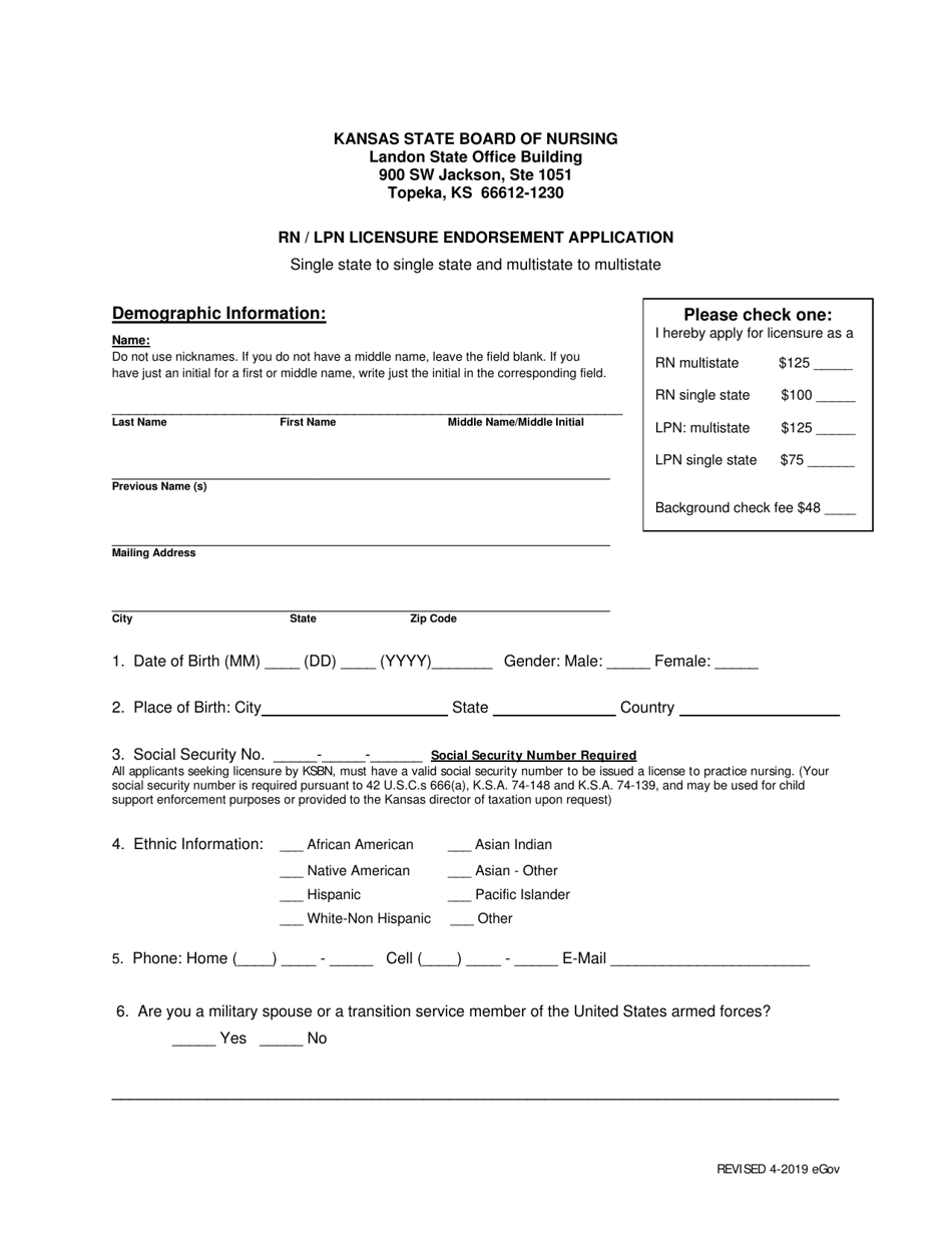 Rn / Lpn Licensure Endorsement Application - Kansas, Page 1