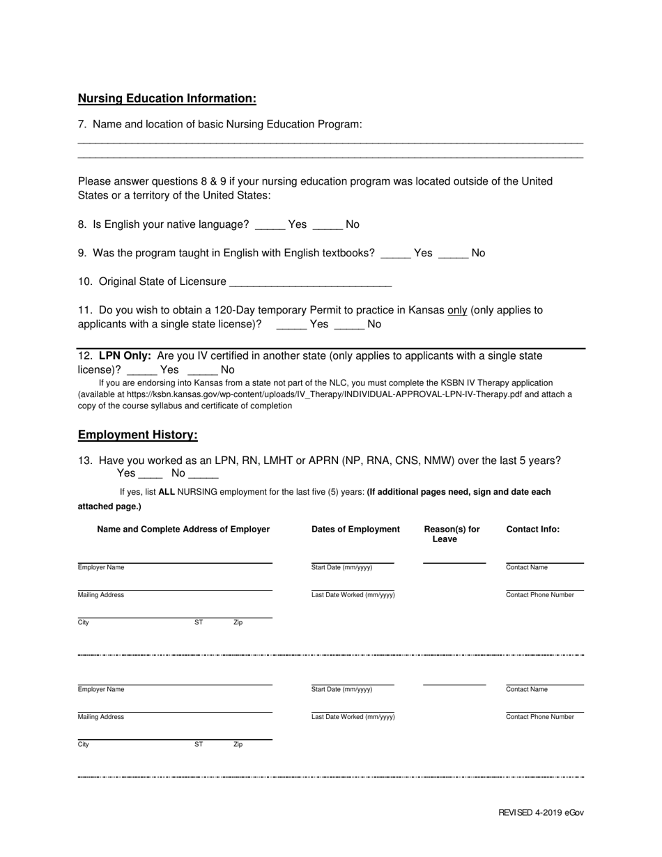 Kansas Rn / Lpn Licensure Endorsement Application - Fill Out, Sign ...