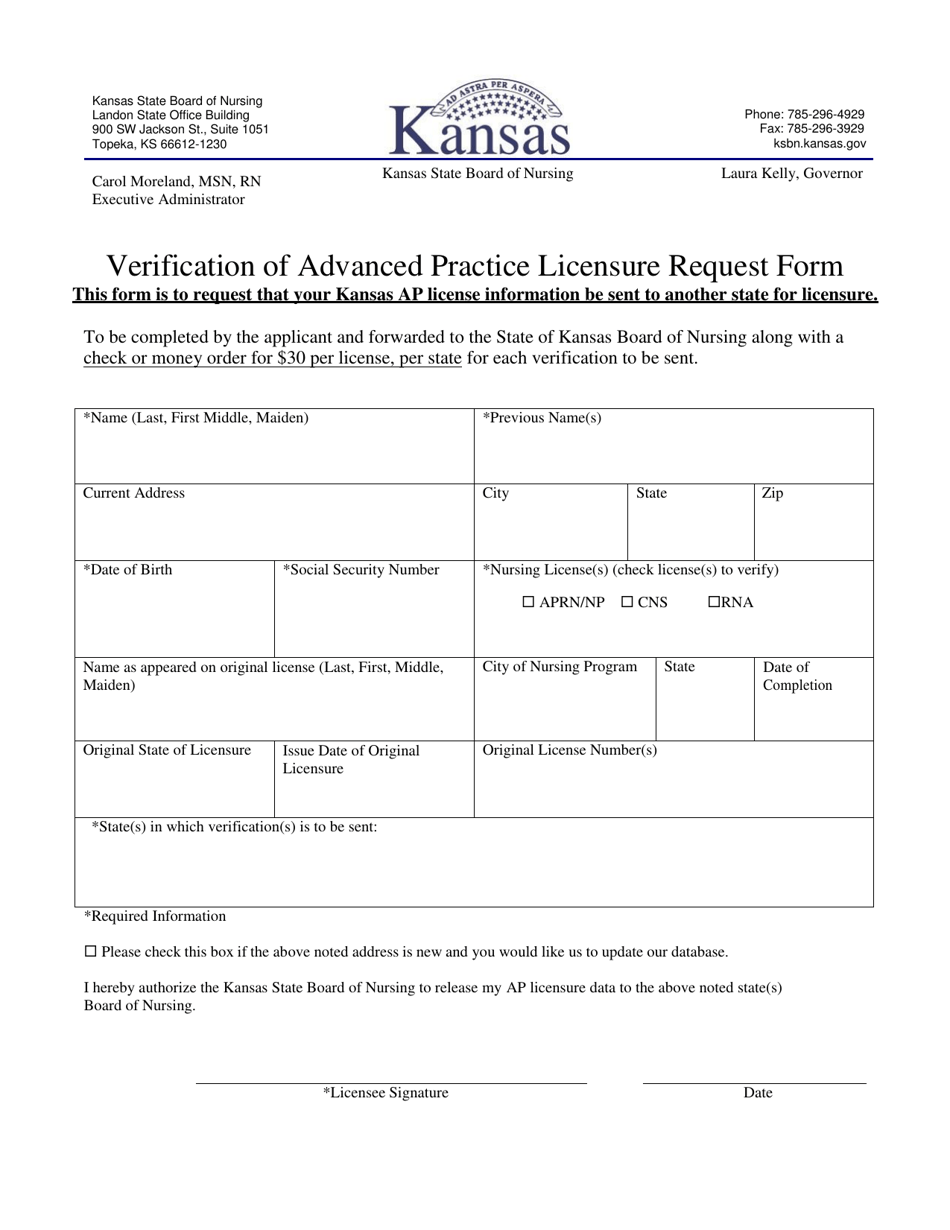 Verification of Advanced Practice Licensure Request Form - Kansas, Page 1
