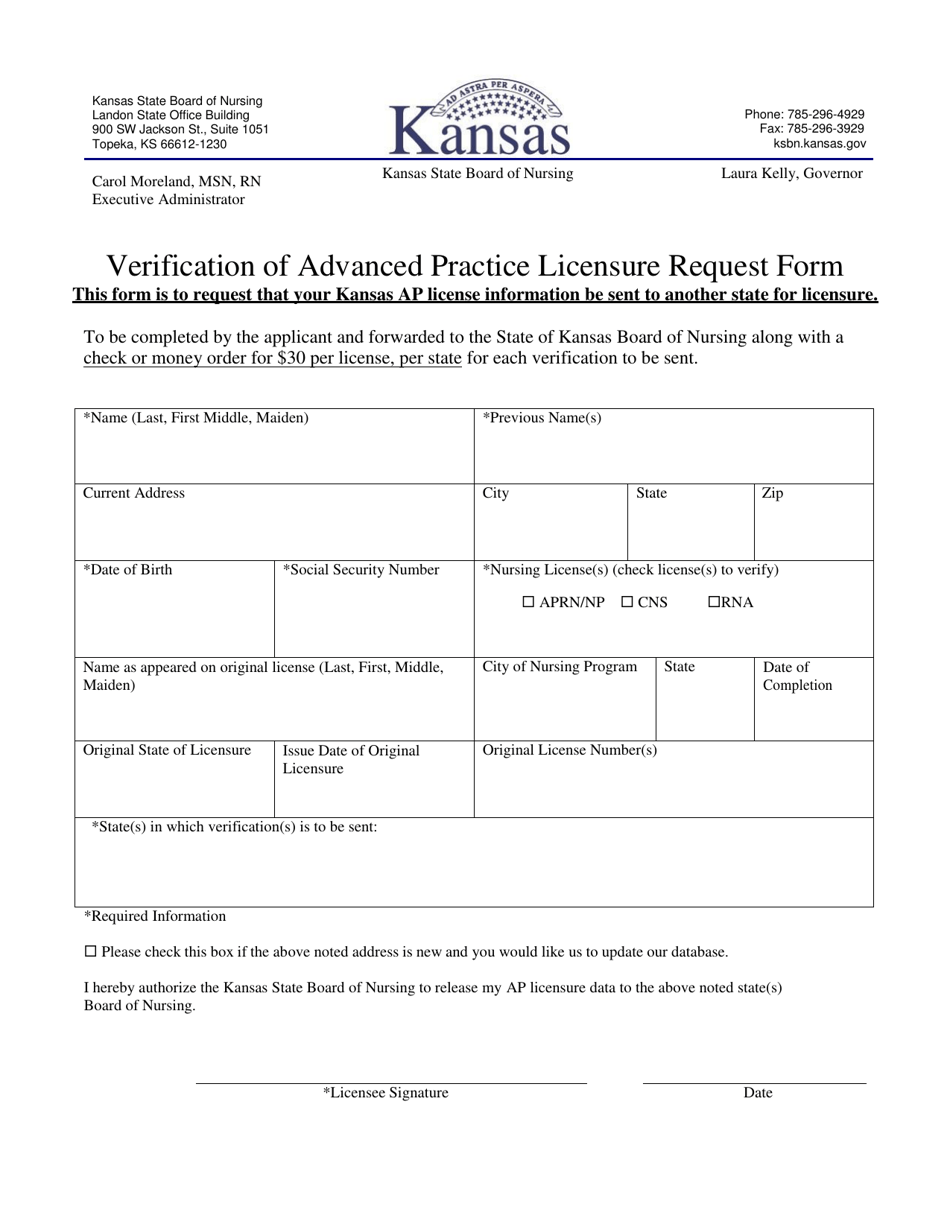 Kansas Verification Of Advanced Practice Licensure Request Form Fill   Verification Of Advanced Practice Licensure Request Form Kansas Print Big 