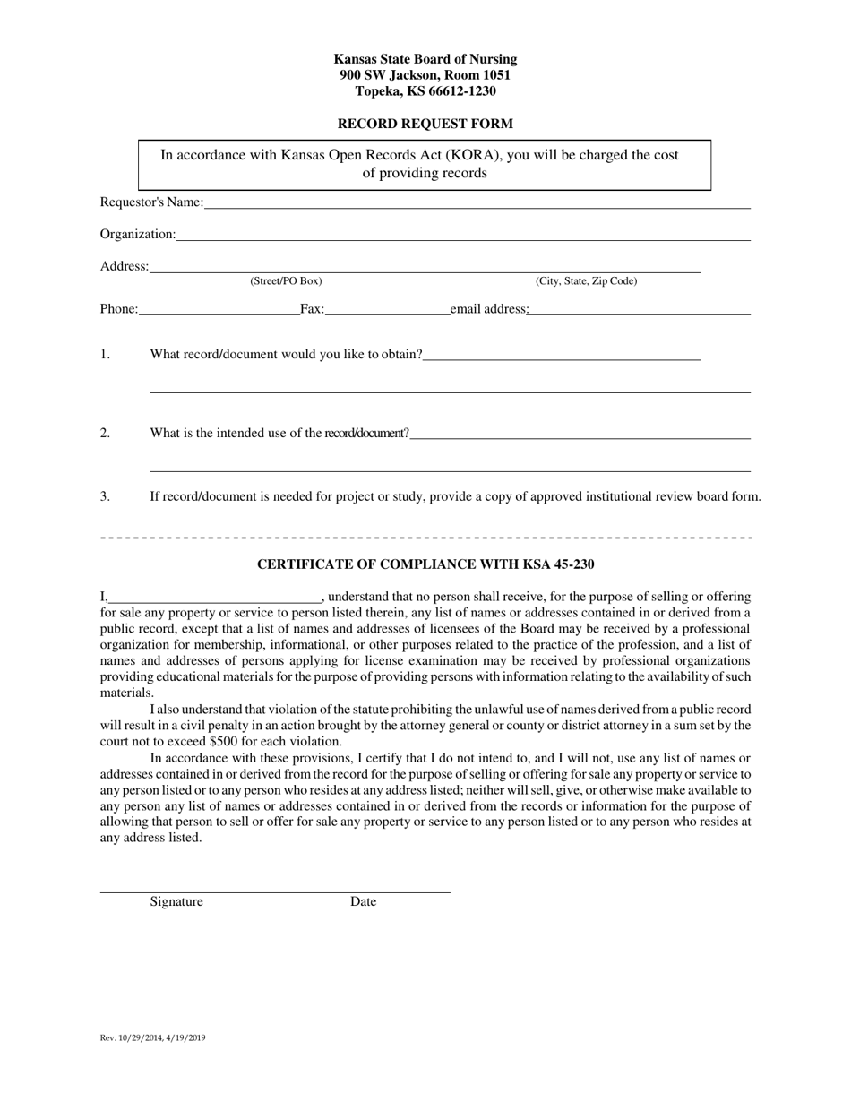 Record Request Form - Kansas, Page 1