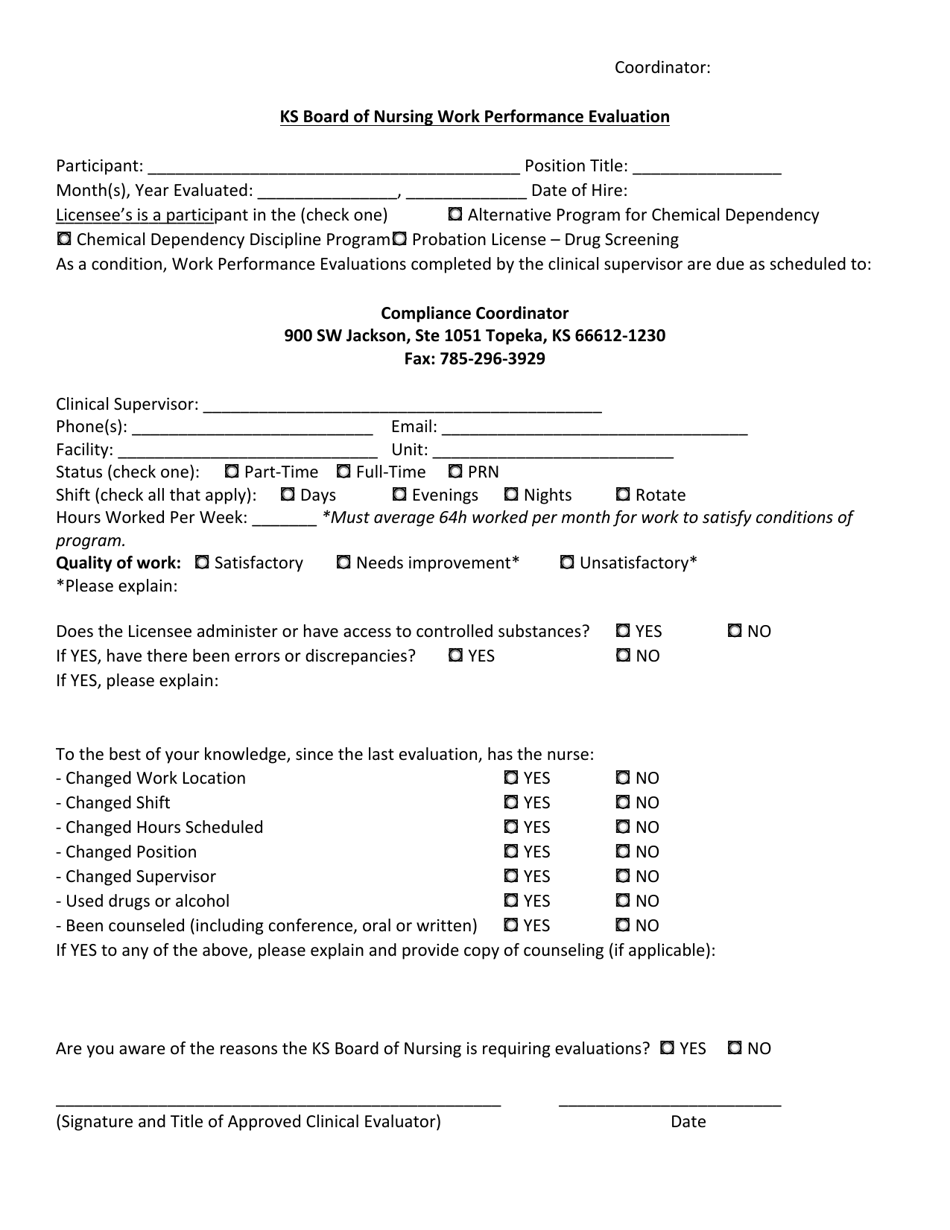 Ks Board of Nursing Work Performance Evaluation - Kansas, Page 1