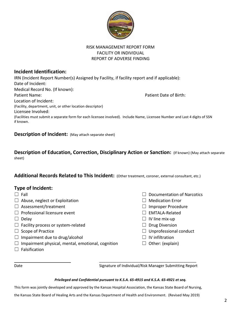 Risk Management Report Form - Facility or Individual Report of Adverse Finding - Kansas, Page 2