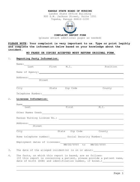 Complaint Report Form - Kansas