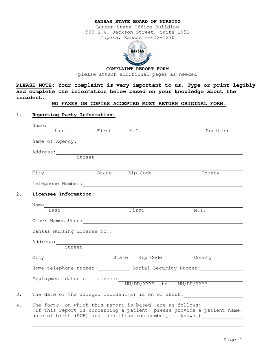 Complaint Report Form - Kansas, Page 1