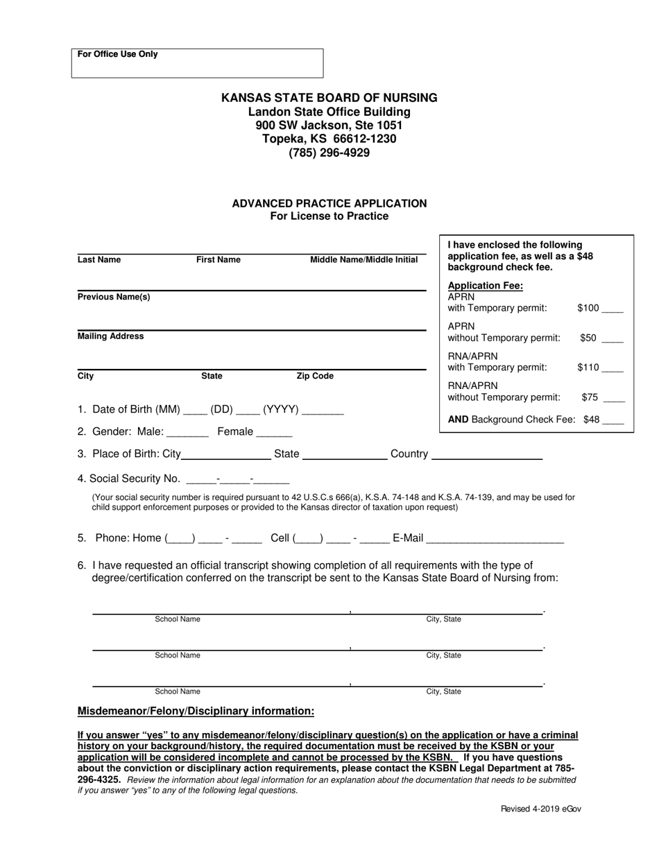 Advanced Practice Application for License to Practice - Kansas, Page 1